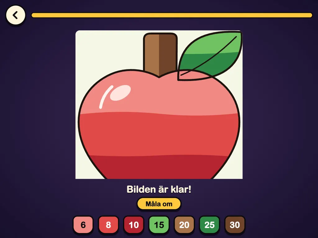 Pyssel: ett äpple målas ruta för ruta med färgburkar märkta med tal, och blir till slut en mjuk, färdig bild.
